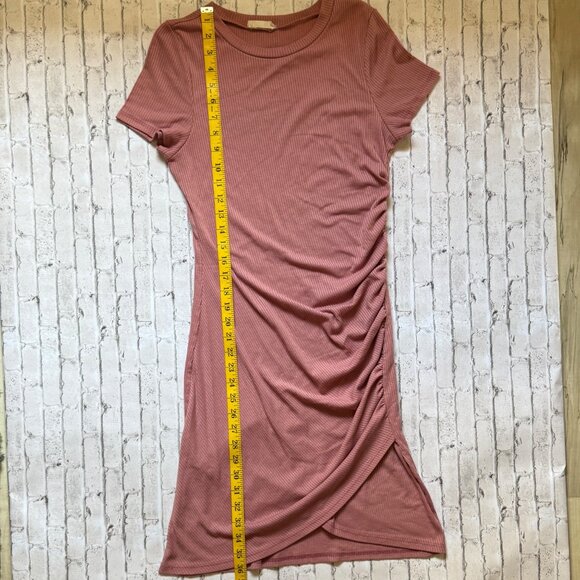 Altar'd State Ribbed Short-Sleeve Pink Midi Dress With Ruched Side Detail Size S - Picture 8 of 9